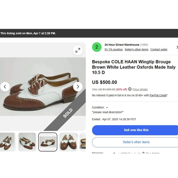 Vintage Bespoke Cole Haan Black White Leather Spectators 9.5 Italian Dress Shoes - Picture 14 of 15